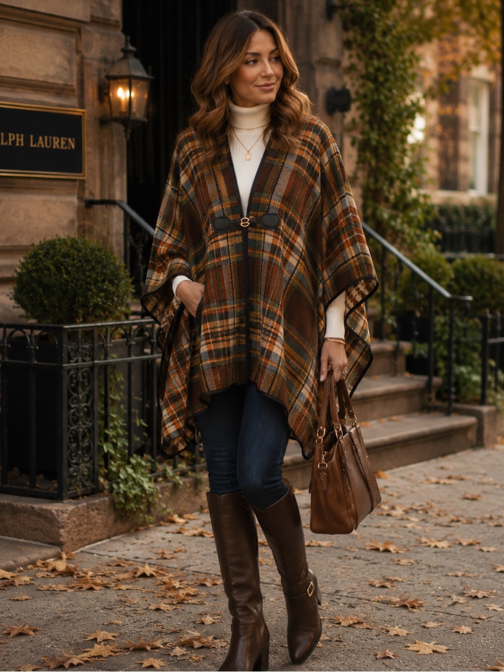Liz Claiborne Brown Plaid Poncho Cape One Size Fall Preppy Cottagecore